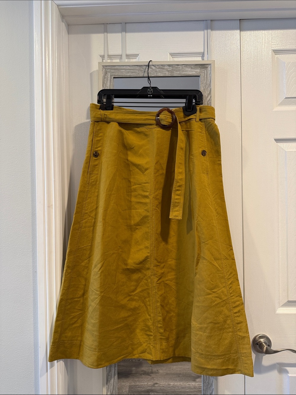 Ann Taylor Mustard A-Line Midi Linen Skirt with Belt Ring